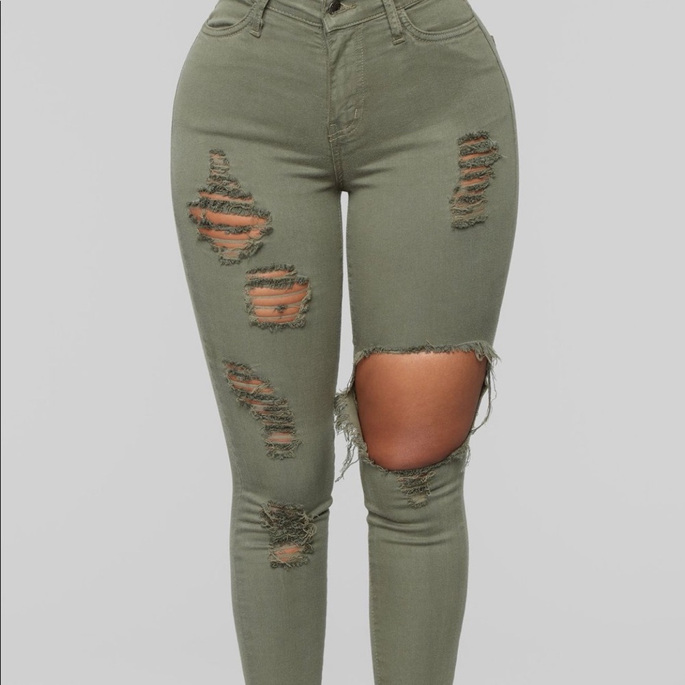 Olive green distressed jeans